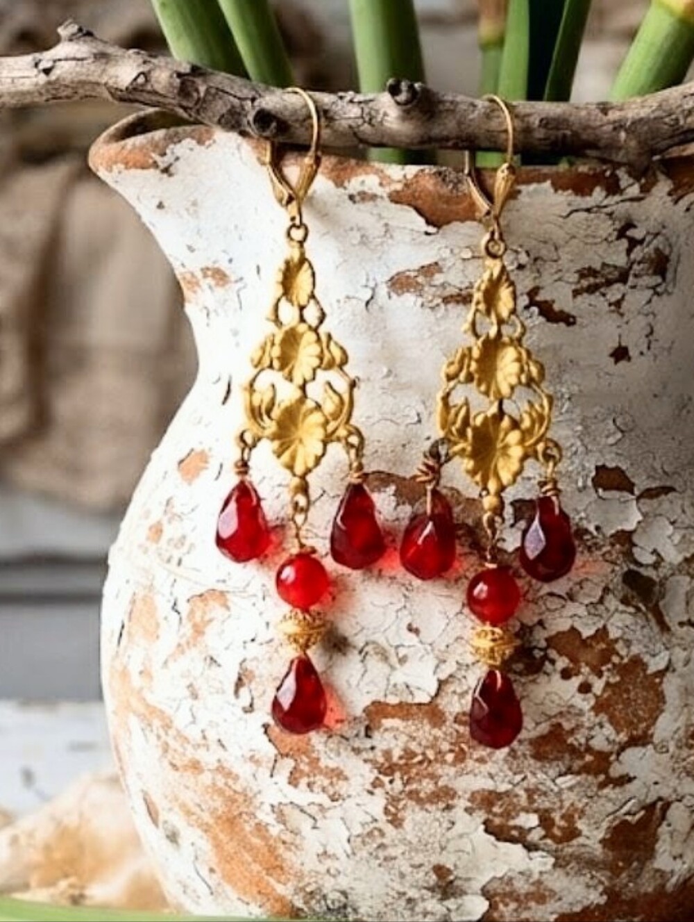 Victorian Natural Carnelian In Opulent Artisan Chandelier Gold Plated Earrings